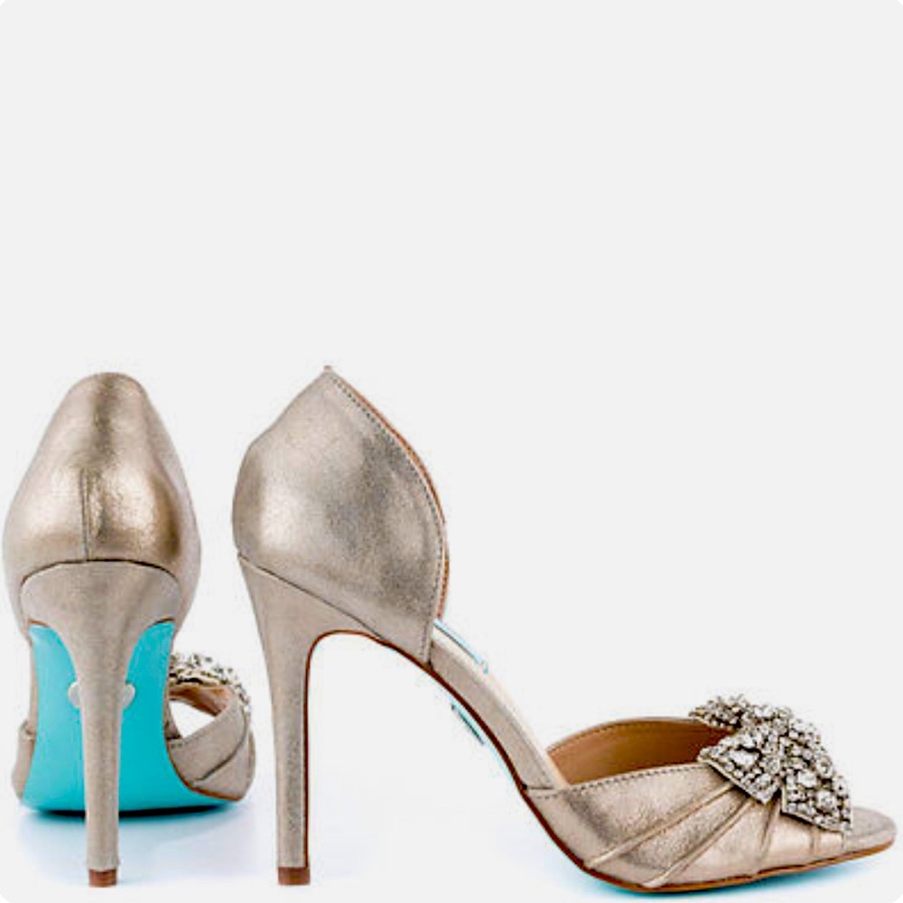 Betsey Johnson Gown Leather Rhinestone Peep-toe Heels in size 10-Lightly worn